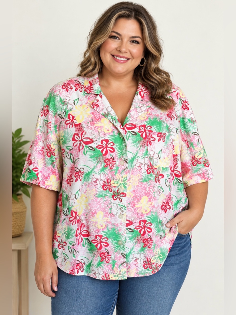 Vintage LIZ & Me Tropical Floral Button-Front Camp Shirt - Pink/Green- Size 3X